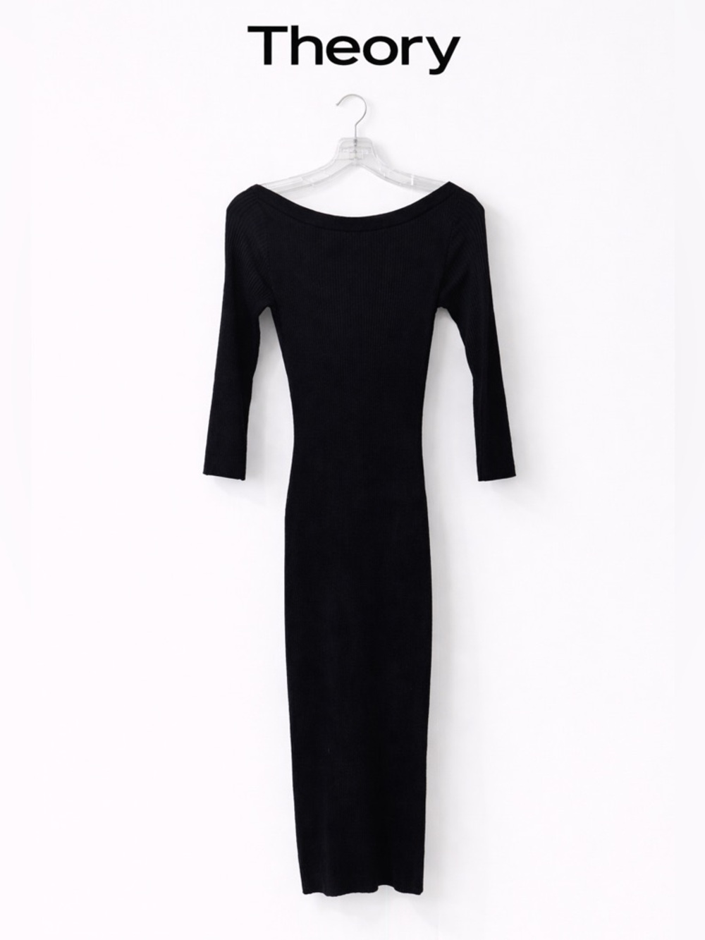 Theory Navy Ribbed Knit Midi Dress Boat Neck Fitted
